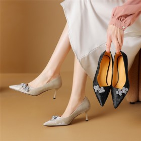 Leather Mid High Heeled Business Casual Elegant Chinese Style Pumps Stilettos Satin Leather Dress Shoes