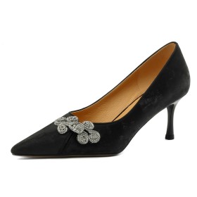 Black Pumps 7 cm Mid Heels Dressy Shoes Stiletto Heels Chinese Style Elegant With Rhinestones Business Casual Shoes Leather