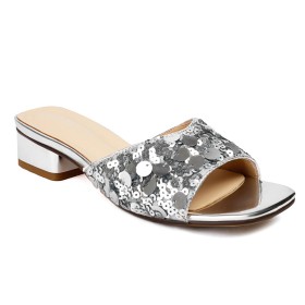 Confortable A Talon 3 cm Paillettes Sandales Femmes Claquette Peep Toes Talon Carré