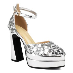 Closed Toe Sparkly 13 cm High Heel Fashion Metallic Platform Sequin Sandals Block Heel Belt Buckle Dressy Shoes