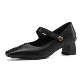 Met Blokhak Formele Met Lage Hakken Klassiek Business Casual Mary Janes Schoenen Dames Enkelbandje Comfortabele Vierkante Neus Zwarte Leer
