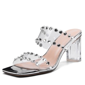 Strass Zilver Peeptoe Met Blokhak Chique Middelhoge Hakken Transparante Muiltje Sandalette