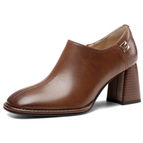 Natural Leather Classic Business Casual Comfortable Block Heels Brown Mid Heel Thick Heel Spring