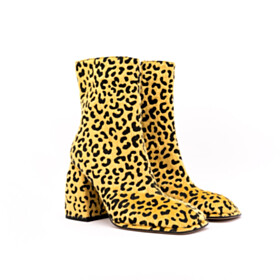 Block Heel Faux Fur Going Out Shoes Square Toe Ankle Boots Fluffy Chunky Heel Leopard Print Faux Leather High Heels Classic Yellow