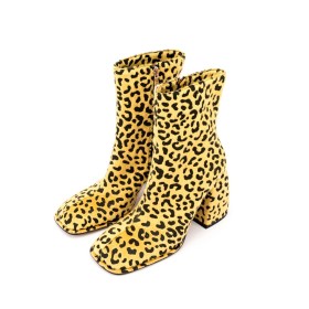 Block Heel Faux Fur Going Out Shoes Square Toe Ankle Boots Fluffy Chunky Heel Leopard Print Faux Leather High Heels Classic Yellow