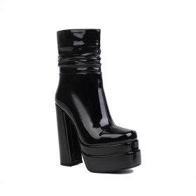 15 cm High Heel Patent Leather Classic Faux Leather Ankle Boots Fur Lined Chunky Heel Block Heels