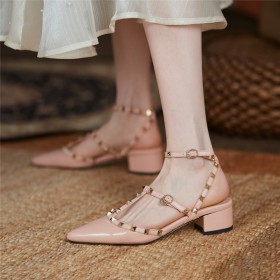 Elegant Block Heels Studded 4 cm Low Heel Patent Leather Sandals Gladiator Fashion Thick Heel