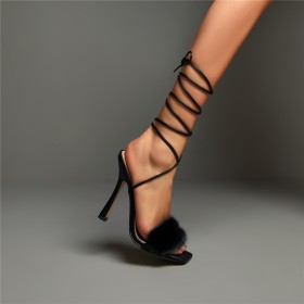 Lace Up Sparkly Stylish Peep Toe Sexy Stiletto Heels Strappy Ankle Wrap Faux Fur Faux Leather 4 inch High Heel Sandals