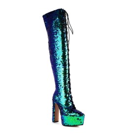 A Punta Luccicante Inverno Pole Dance Con Tacco Alto Glitter Il ginocchio Stringati Stivali Alti Moda Plateau Con Pelo Interno