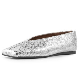 Square Toe Flats Glitter Sparkly Metallic Loafers 2024 Leather Comfort Snake Printed