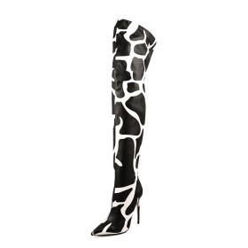 Overknee Laarzen Zebra Imitatieleer Wit Zwart Hoge Laarzen 11 cm Hoge Hakken