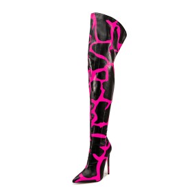 Zébrées Boots Femme A Talon 11 cm Bottes Hautes Fermeture Éclair Cuissardes Bout Pointu Rose Fushia Fourrées Talon Aiguille