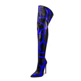 Pointed Toe Zipper Thigh High Boots Zebra Royal Blue 11 cm High Heels Stilettos