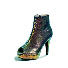 Gold Ankle Boots Peep Toe Stiletto Heels Platform Gradient High Heels Stylish Sequin Going Out Footwear Sparkly Party Shoes