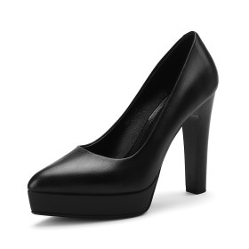 Beautiful Pumps Full Grain Leather 11 cm High Heel Black Chunky Closed Toe Business Casual Shoes