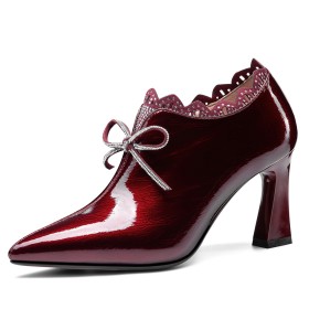 Mit Schleife Mode Schnürschuhe Blockabsatz Schuhe Damen Elegante Leder Mit 8 cm Hohe Absatz Burgundy