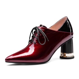Burgundy Modern Shooties Comfort Lace Up Chunky Leather Mid Heel Oxford Shoes Patent Leather Block Heel Dress Shoes
