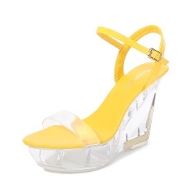 Platform Yellow Ankle Strap 4 inch High Heel Sandals For Women Wedges Peep Toe Faux Leather Strappy Classic