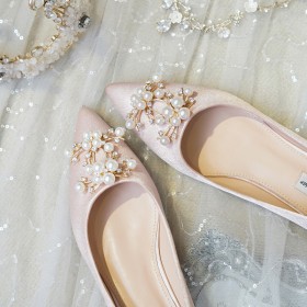 Ballerinas Schuhe Damen Spitz Elegante Flach Brautschuhe Satin Schöne Mit Perle