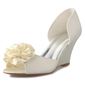 Belle Fleur A Talon Peep Toes Sandale Femme Chaussures Mariée Satin Compensée