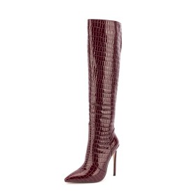 12 cm High Heel Maroon Tall Boot Fashion Embossed Faux Leather Thigh High Boots For Women Going Out Footwear Beautiful Stiletto Pointed Toe