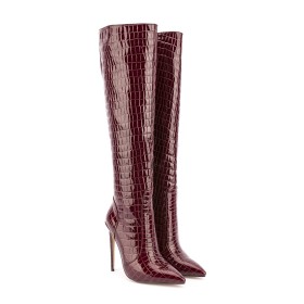 12 cm High Heel Maroon Tall Boot Fashion Embossed Faux Leather Thigh High Boots For Women Going Out Footwear Beautiful Stiletto Pointed Toe