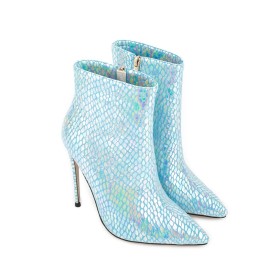 Beautiful Dressy Shoes Patent Light Blue Metallic Pointed Toe 2023 Glitter Ankle Boots For Women Snake Print 12 cm High Heel Sparkly Suede Business Casual Shoes Stilettos