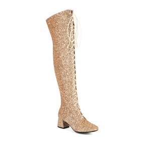 Modern Sparkly Block Heels Thigh High Boots Tall Boot 6 cm Mid Heel Glitter Chunky