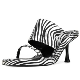 Black And White 7 cm Heel Faux Leather Sexy Mules Stiletto Heels Zebra Going Out Footwear Metallic Peep Toe Sandals For Women