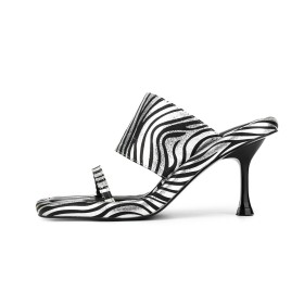 Black And White 7 cm Heel Faux Leather Sexy Mules Stiletto Heels Zebra Going Out Footwear Metallic Peep Toe Sandals For Women