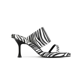 Black And White 7 cm Heel Faux Leather Sexy Mules Stiletto Heels Zebra Going Out Footwear Metallic Peep Toe Sandals For Women