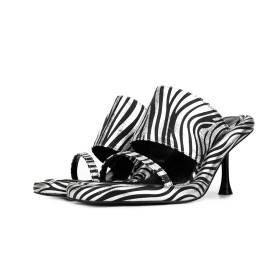 Black And White 7 cm Heel Faux Leather Sexy Mules Stiletto Heels Zebra Going Out Footwear Metallic Peep Toe Sandals For Women