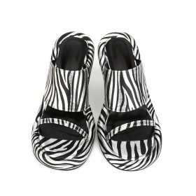 Black And White 7 cm Heel Faux Leather Sexy Mules Stiletto Heels Zebra Going Out Footwear Metallic Peep Toe Sandals For Women