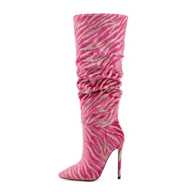 Glitter Stampa Zebrata Tacco A Spillo Moda Fucsia Scarpe Da Cerimonia Stivali Alti 12 cm Tacco Alto