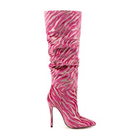 Glitter Stampa Zebrata Tacco A Spillo Moda Fucsia Scarpe Da Cerimonia Stivali Alti 12 cm Tacco Alto