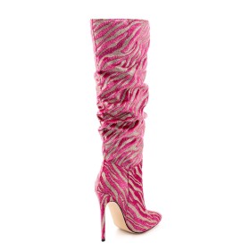 Glitter Stampa Zebrata Tacco A Spillo Moda Fucsia Scarpe Da Cerimonia Stivali Alti 12 cm Tacco Alto