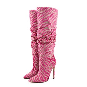 Glitter Stampa Zebrata Tacco A Spillo Moda Fucsia Scarpe Da Cerimonia Stivali Alti 12 cm Tacco Alto