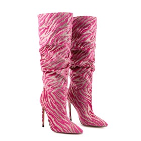 Dress Shoes Stilettos Sparkly Sequin Zebra Print Tall Boots Knee High Boots 12 cm High Heel