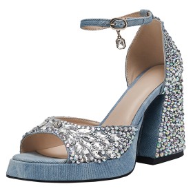 Rhinestones Denim Open Toe 4 inch High Heel Ankle Strap Flowers Belt Buckle Chunky Heel Going Out Shoes Light Blue Block Heel Sparkly Sandals