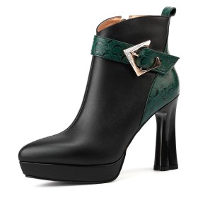 Chunky Heel Buckle Leather Business Casual Letter Print Block Heel High Heels Black Elegant Booties