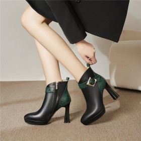 2024 Cuir Talons Carrés Noir Bottines Talon Haut Femme Elegante