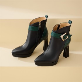 Chunky Heel Buckle Leather Business Casual Letter Print Block Heel High Heels Black Elegant Booties