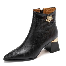 Chunky Heel Mid Heel Block Heels Classic Elegant Flower Fur Lined Pointed Toe Ankle Boots Vintage Buckle