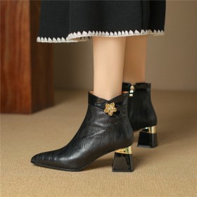 Chunky Heel Mid Heel Block Heels Classic Elegant Flower Fur Lined Pointed Toe Ankle Boots Vintage Buckle