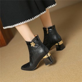 Chunky Heel Mid Heel Block Heels Classic Elegant Flower Fur Lined Pointed Toe Ankle Boots Vintage Buckle