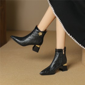 Chunky Heel Mid Heel Block Heels Classic Elegant Flower Fur Lined Pointed Toe Ankle Boots Vintage Buckle