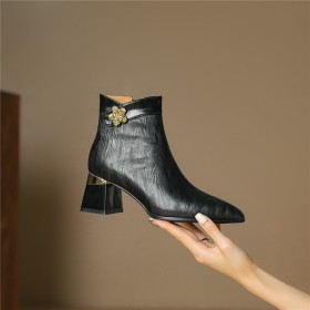 Chunky Heel Mid Heel Block Heels Classic Elegant Flower Fur Lined Pointed Toe Ankle Boots Vintage Buckle