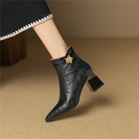 Chunky Heel Mid Heel Block Heels Classic Elegant Flower Fur Lined Pointed Toe Ankle Boots Vintage Buckle