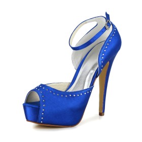 Open Toe Dress Shoes Satin Platform Blue 13 cm High Heel With Ankle Strap