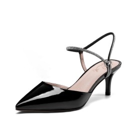 Schwarze Leder Spitz Klassisch Lack Sandalen Damen Stilettos Mit 6 cm Mittlerer Absatz Festliche Schuhe Elegante